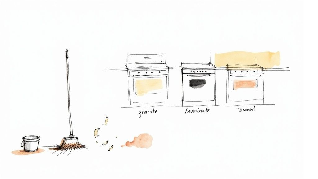 Illustration comparing three kitchen countertops with ovens - granite, laminate, and quartz surfaces with cleaning tools
