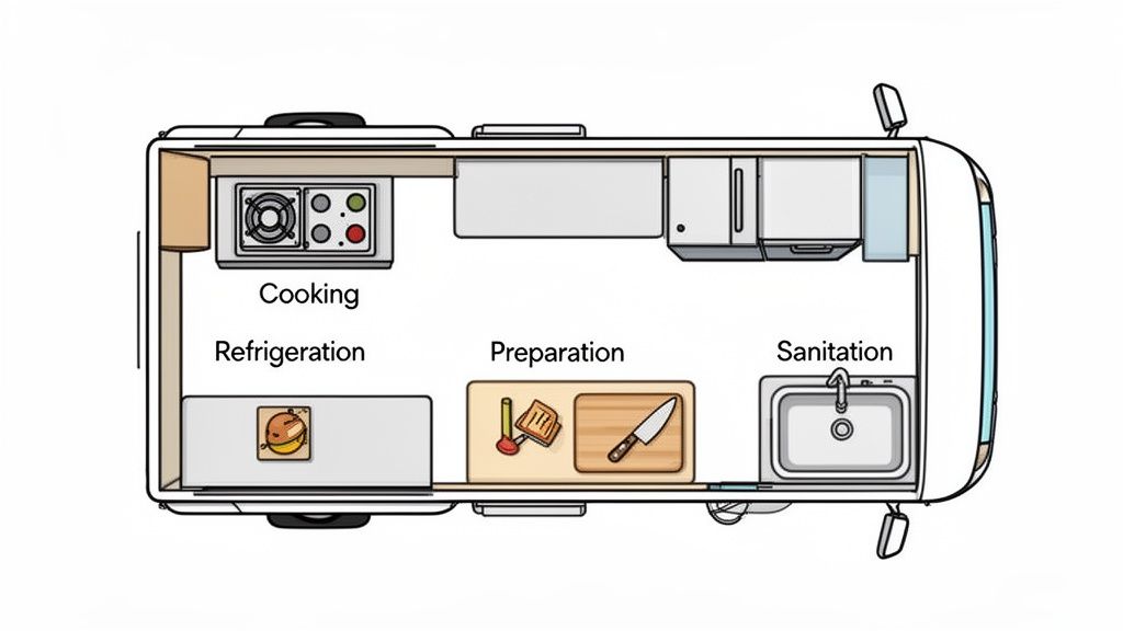 Overhead view of a compact food truck or RV kitchen, showing cooking, refrigeration, preparation, and sanitation zones.