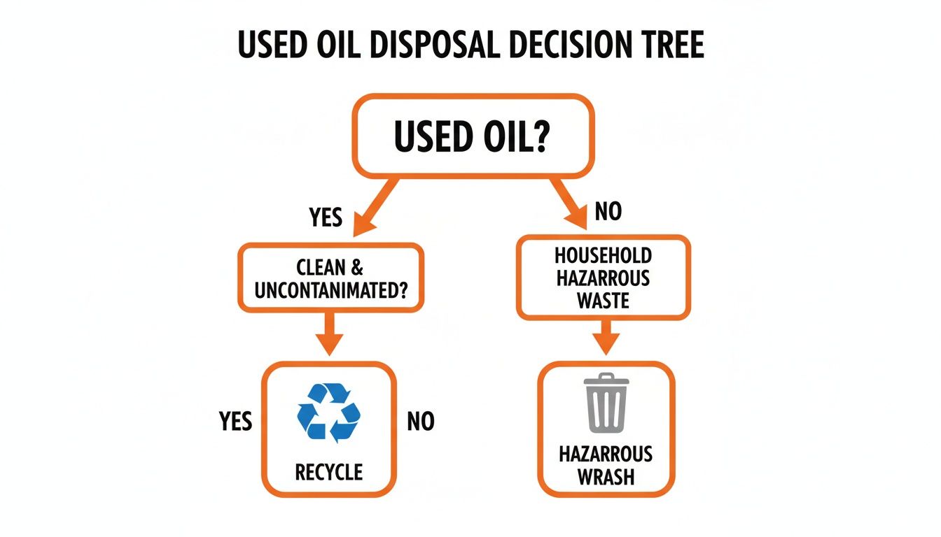 Decision tree for used oil disposal, guiding on recycling clean oil or handling hazardous waste.