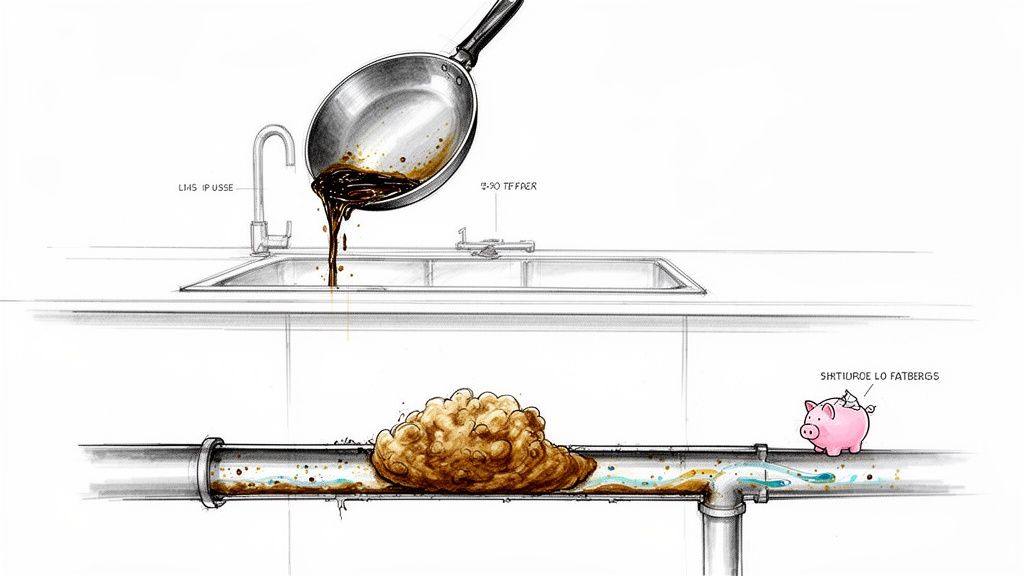 Illustration of used cooking oil being poured into a kitchen sink, causing a fatberg pipe blockage below.
