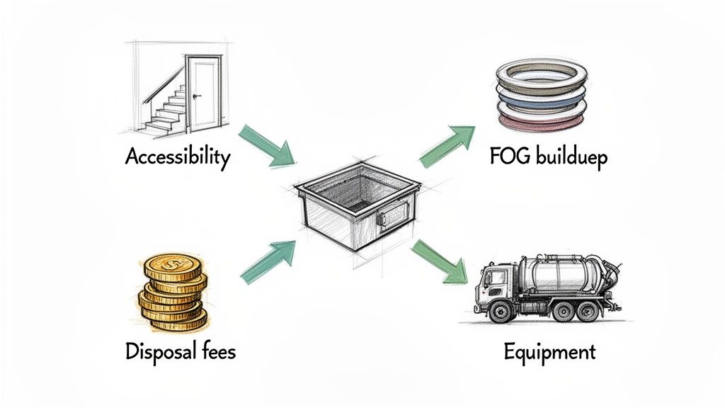 Diagram illustrating factors influencing grease trap cleaning costs: accessibility, FOG buildup, disposal fees, and equipment.