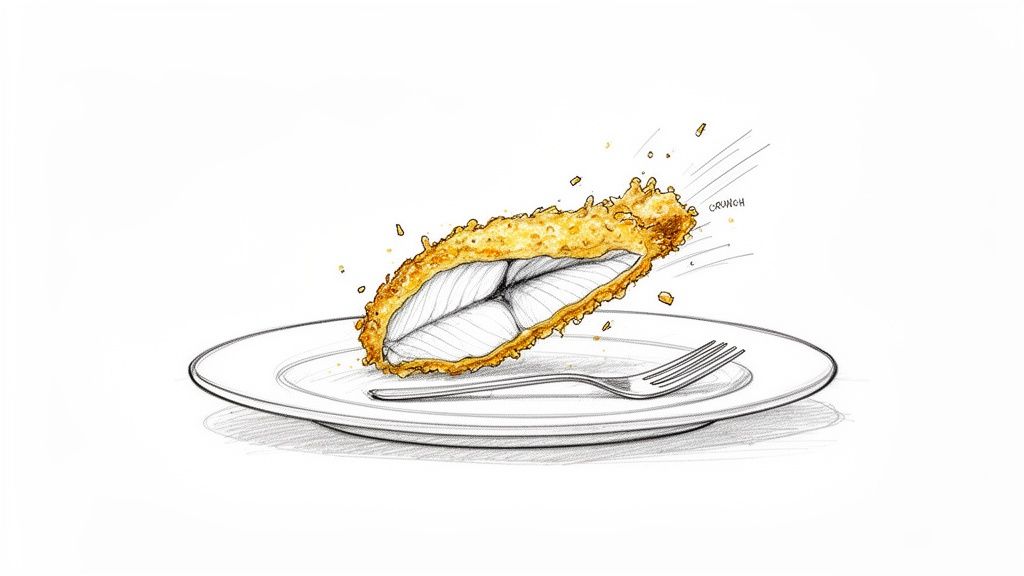 A dynamic illustration shows a cross-section of crispy fried fish on a white plate with a fork, highlighting its texture.