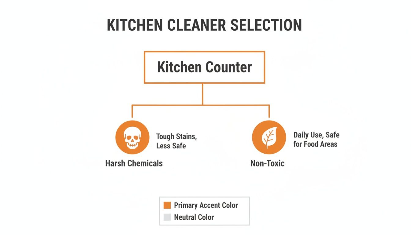 Kitchen cleaner selection diagram for counters, comparing harsh chemicals for tough stains and non-toxic for daily use.