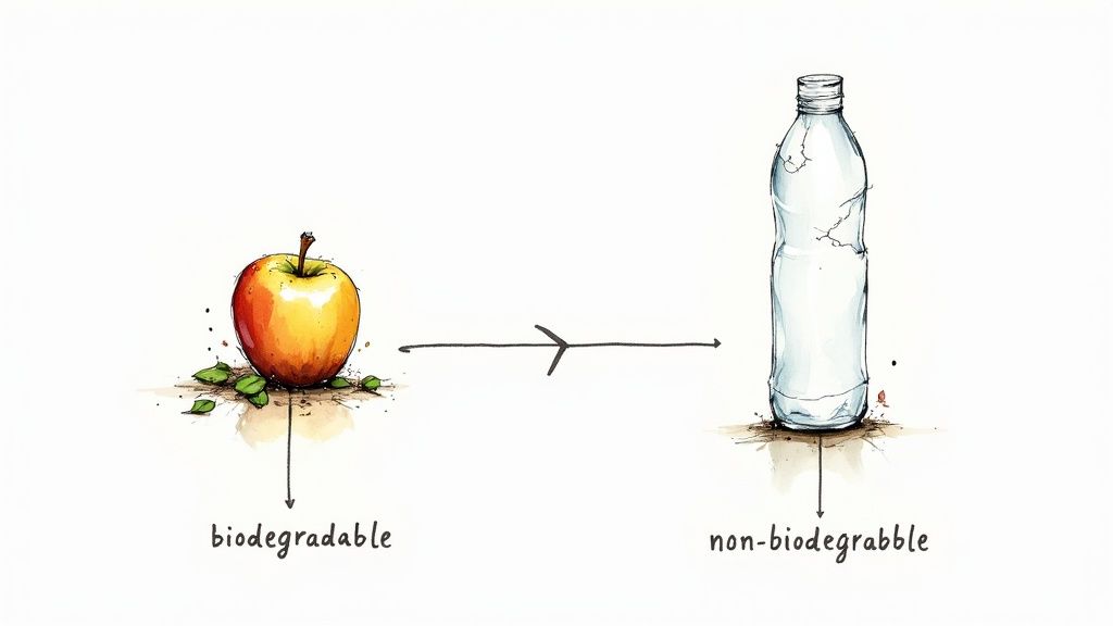 Comparison illustration showing biodegradable apple decomposing versus non-biodegradable plastic bottle with arrows indicating environmental impact