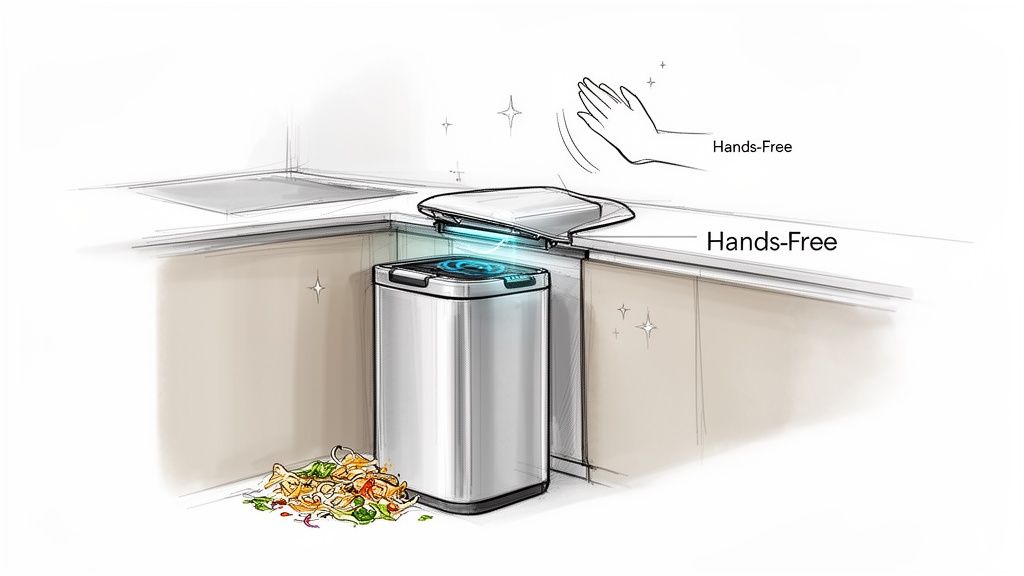 Modern touchless trash can in a kitchen, demonstrating hands-free operation with a glowing blue sensor.