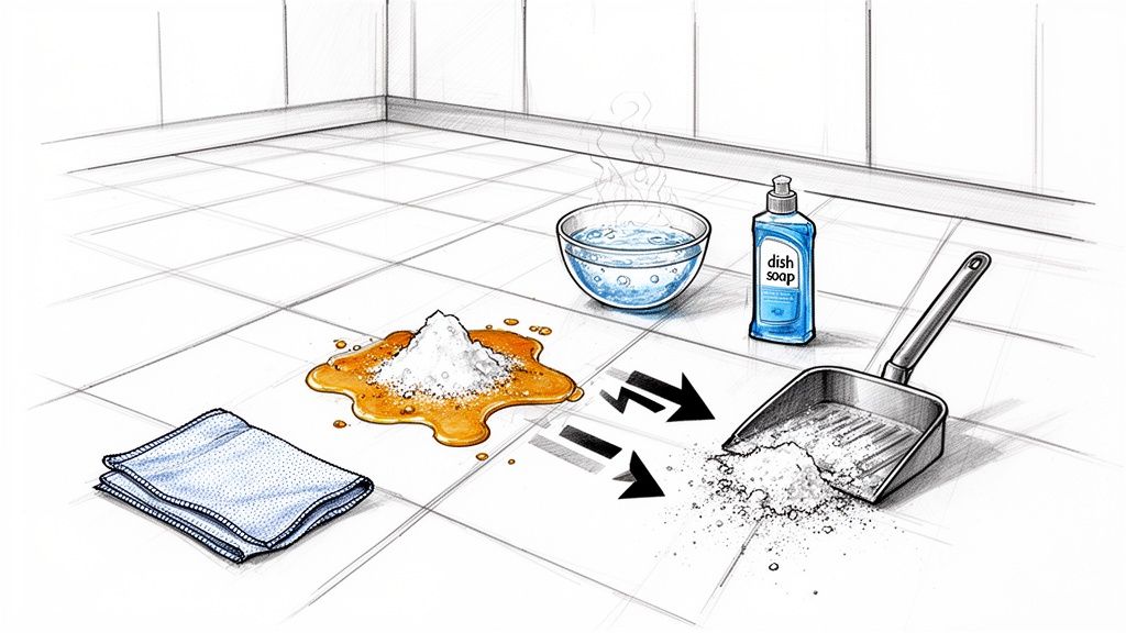 Cleaning a cooking oil spill on a tiled kitchen floor with powder, hot water, dish soap, and a cloth.