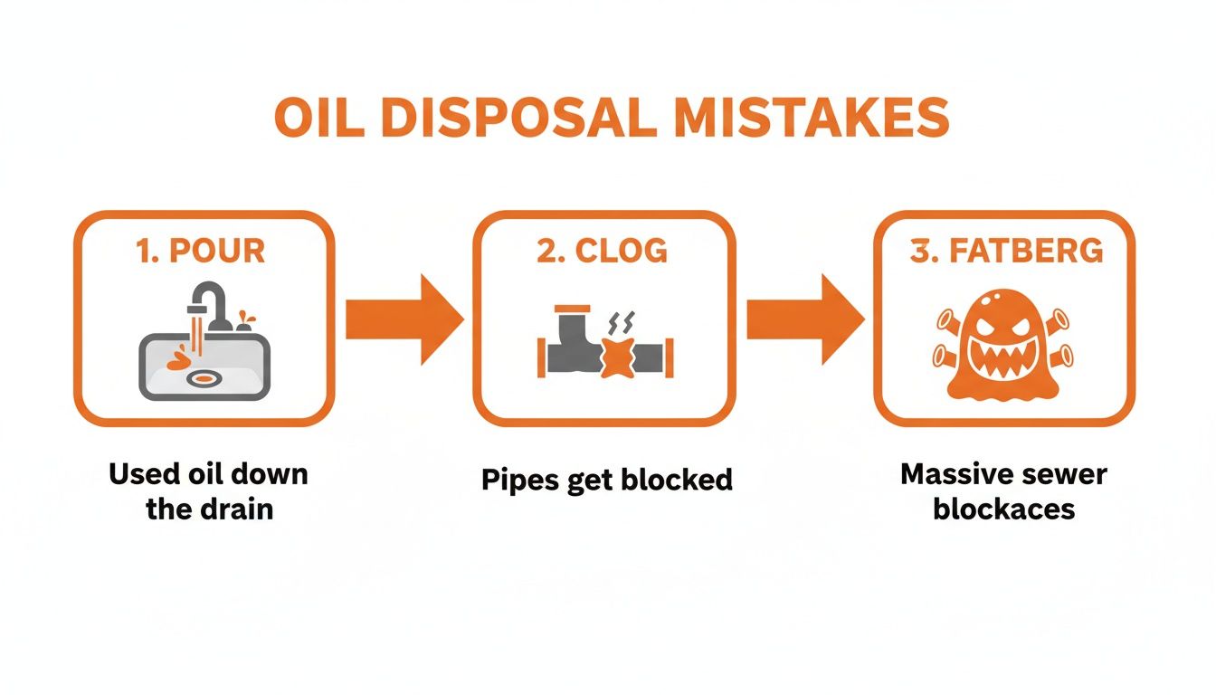 Diagram showing the consequences of pouring used cooking oil down the drain, causing pipe clogs and fatbergs.