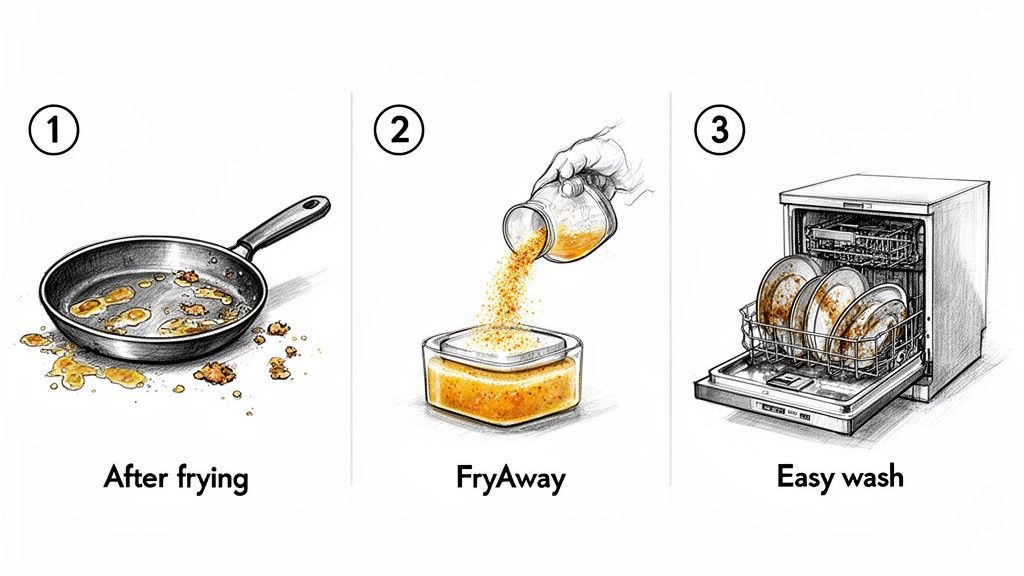Graphic demonstrating a greasy pan after frying, adding FryAway, and an easy dishwasher wash.