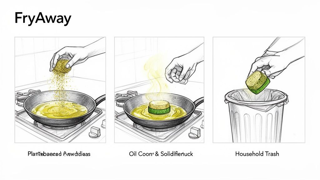 Illustrates FryAway transforming cooking oil into a solid for simple, eco-friendly trash disposal.