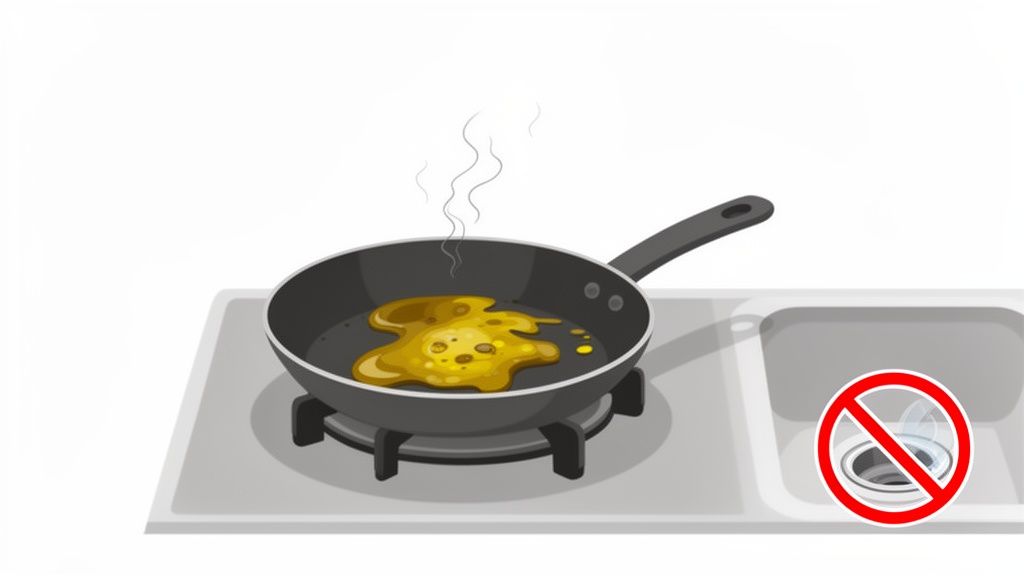 A frying pan with hot cooking oil on a stove, next to a 'do not pour' symbol over the drain.