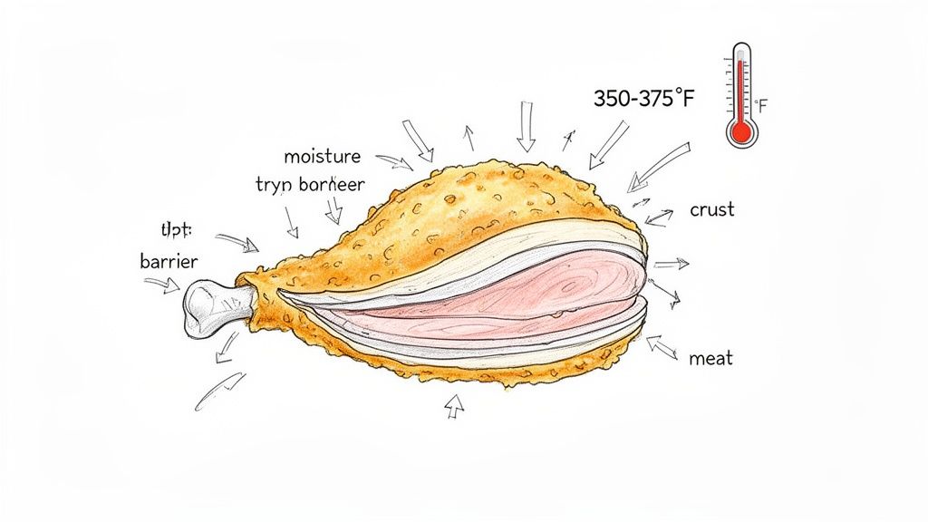 Cross-section of fried chicken drumstick showing internal structure, temperature, and moisture barrier.