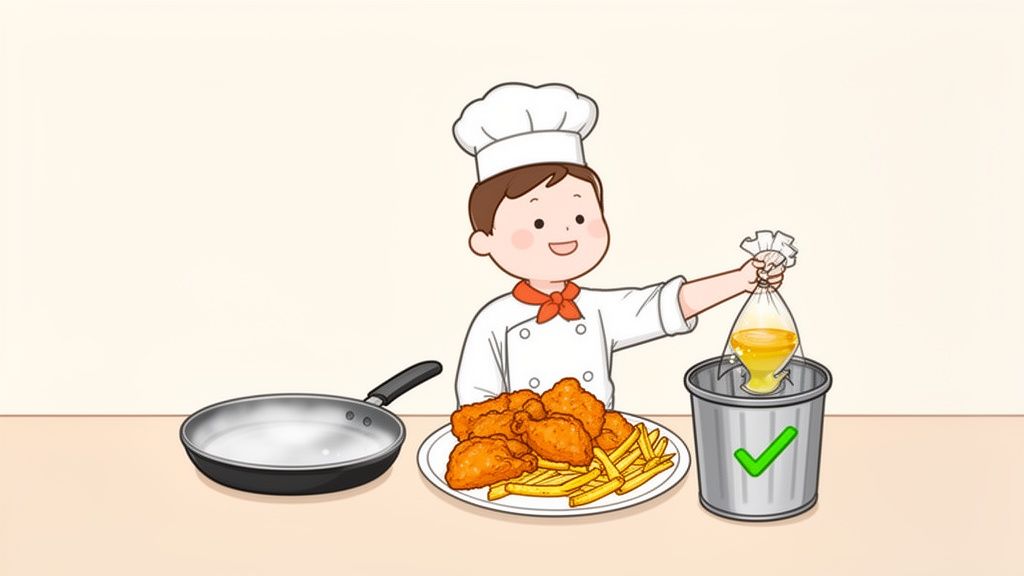 A cartoon chef properly disposes of used cooking oil into a trash can after frying food.