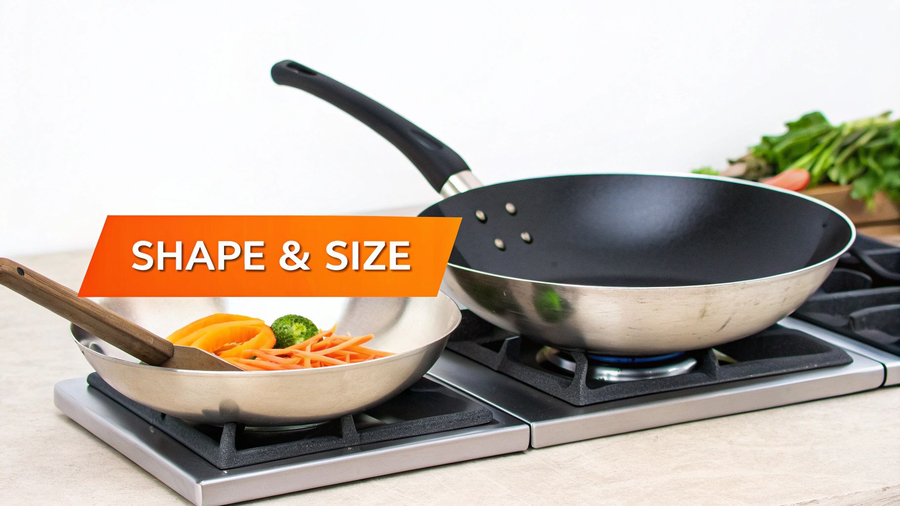 A person tossing vegetables in a modern non-stick wok on a stove.