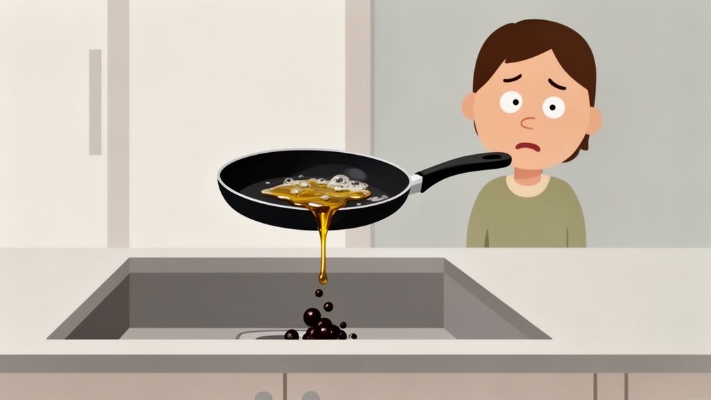 A cartoon person looks concerned while pouring oil from a pan into a kitchen sink, where it solidifies.