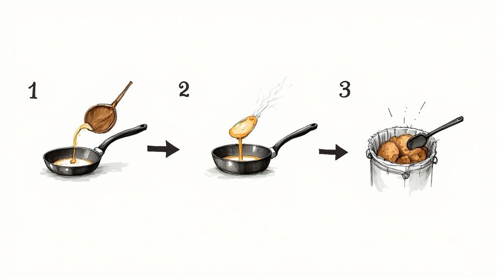 Person pouring cooled cooking oil into an old coffee can for disposal.