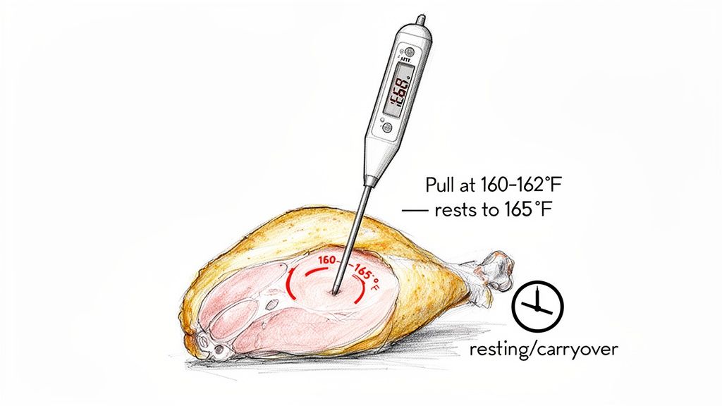 A meat thermometer inserted into a cooked chicken leg, showing target internal temperatures for safe cooking.