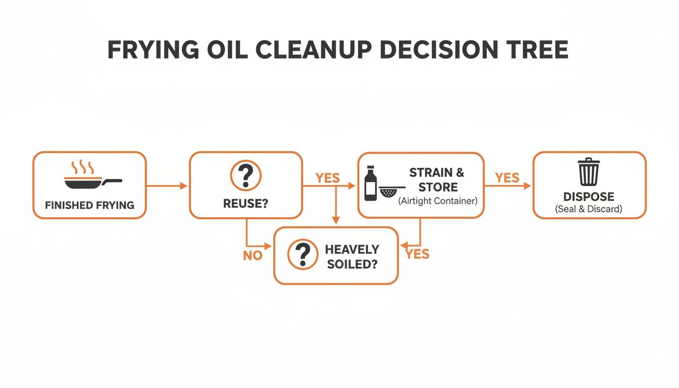 A decision tree flowchart illustrating the process for frying oil cleanup, reuse, and disposal.