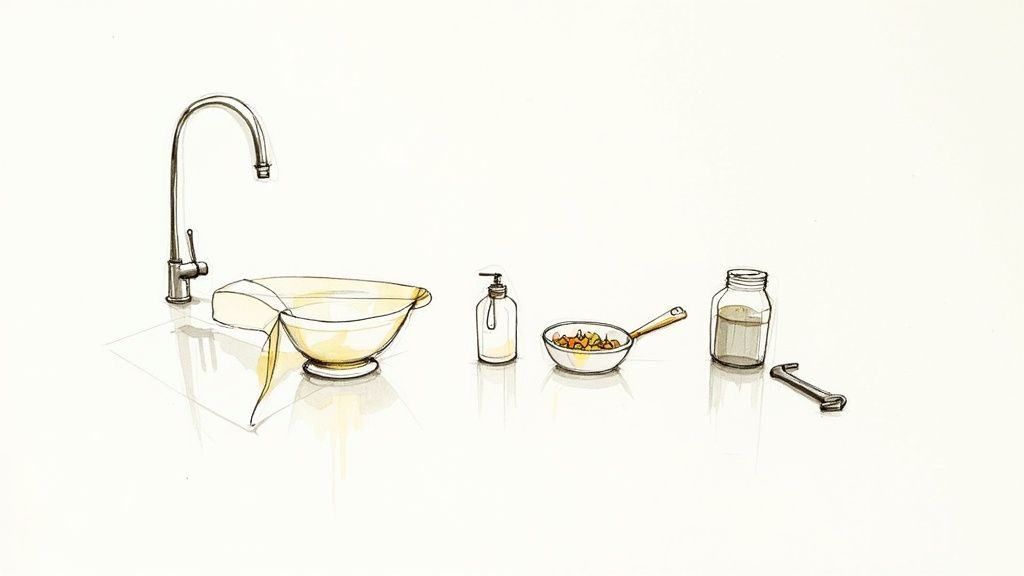 Kitchen counter with sustainable items including reusable bowl, soap dispenser, pan, and glass jar