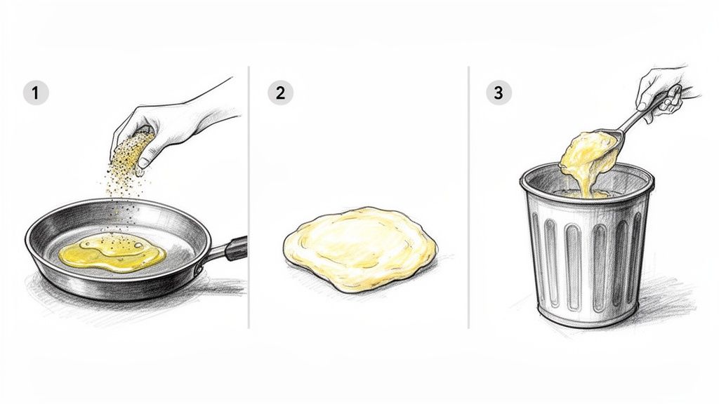 Three step illustration showing how to solidify and dispose of used cooking oil in a trash can.
