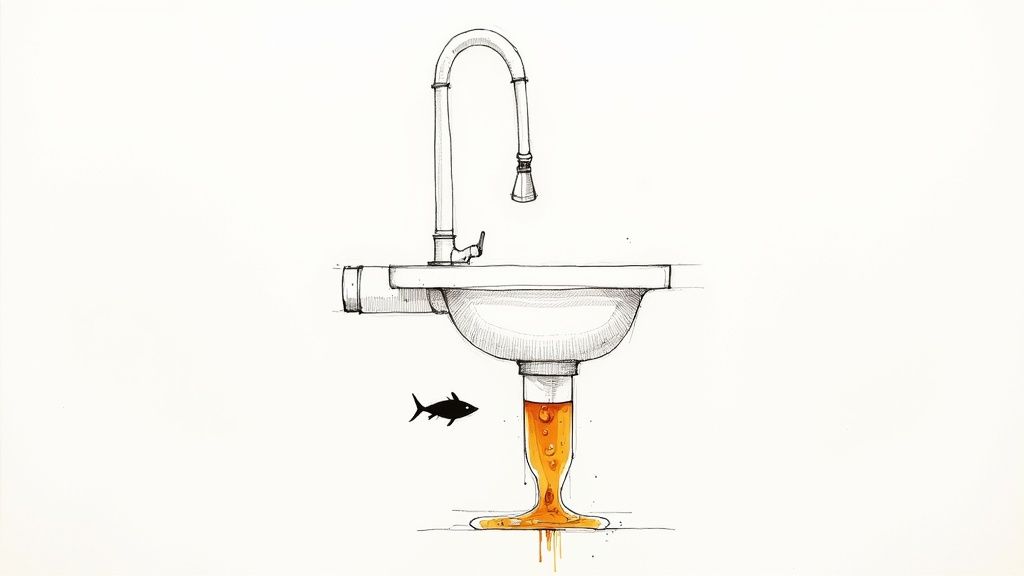 A clogged kitchen sink drain filled with greasy water.