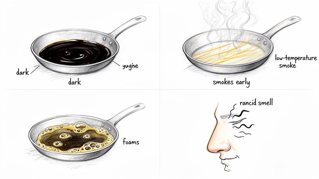 Four panels illustrate various signs of degraded fryer oil, including darkness, foaming, early smoke, and a rancid smell.
