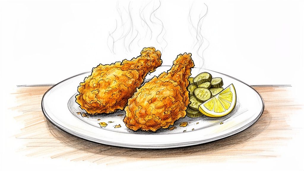 Two crispy fried chicken drumsticks with pickles and a lemon wedge on a white plate.