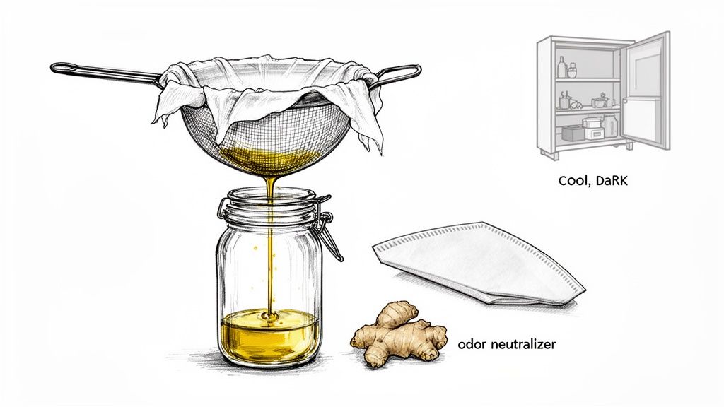 Straining frying oil into a jar through a cloth-lined sieve, with ginger and storage tips.