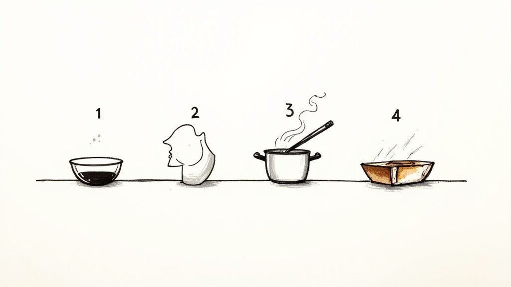 Four sequential cooking stages showing bowl, pitcher, steaming pot with ladle, and frying pan illustration