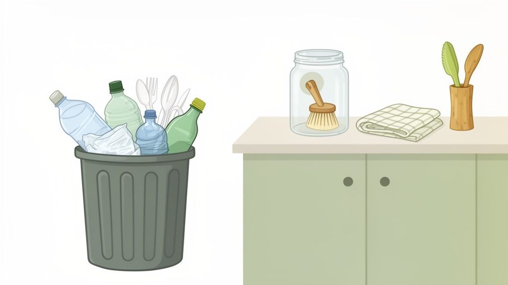 Disposable plastic items in a bin are contrasted with reusable, eco-friendly kitchen and cleaning products.
