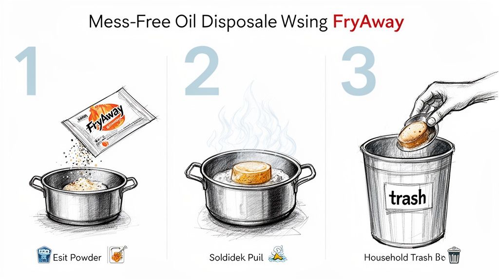 Three-step illustration demonstrating mess-free cooking oil disposal using FryAway solidifier powder.