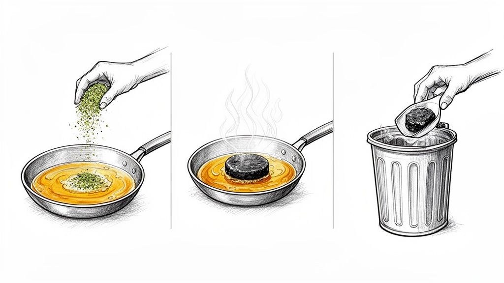 A three-panel illustration showing how to properly dispose of cooking grease by solidifying and trashing it.