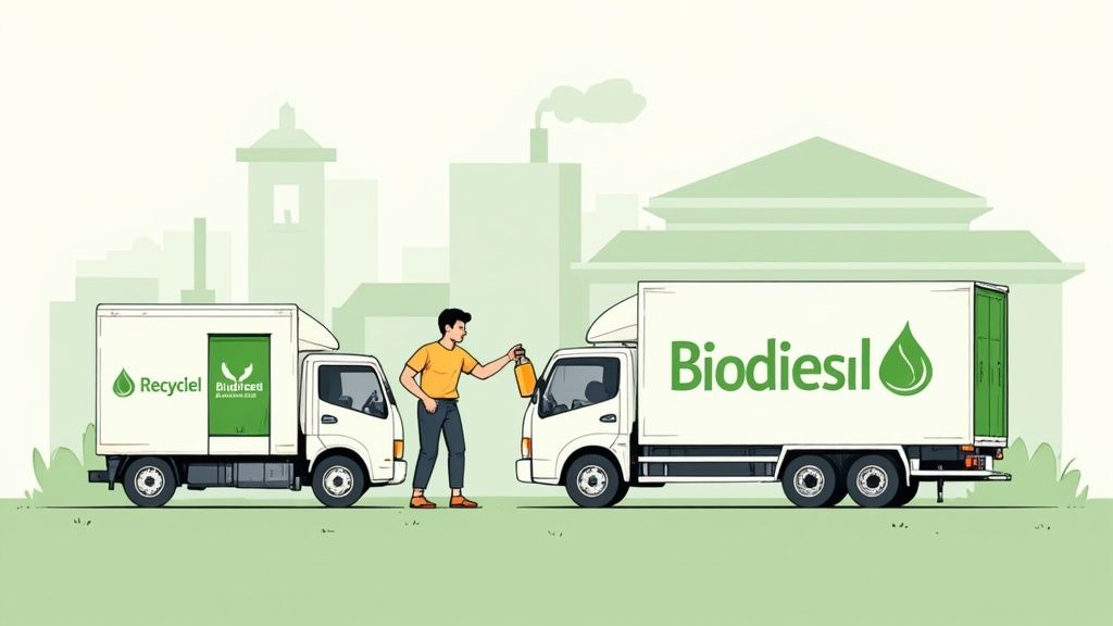 A man recycles used cooking oil into a truck for biodiesel production in a green city.