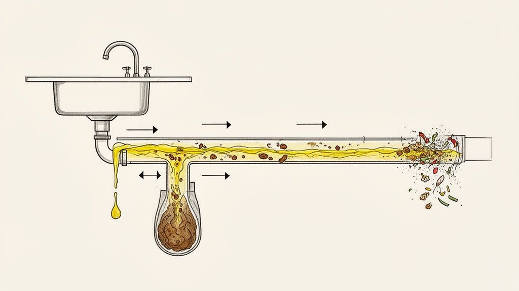 A cross-section illustration of a kitchen sink's drain system with dirty water, grease, and food waste flowing through the pipes, emphasizing potential clogs.
