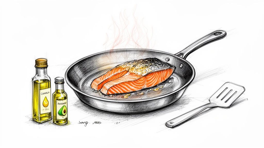 A colorful sketch shows a salmon fillet frying in a pan with canola and avocado oils nearby.