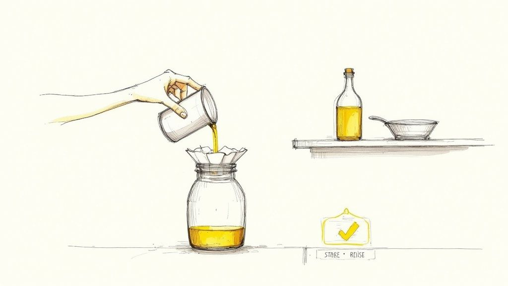 A person straining used cooking oil through a fine-mesh sieve into a glass jar.