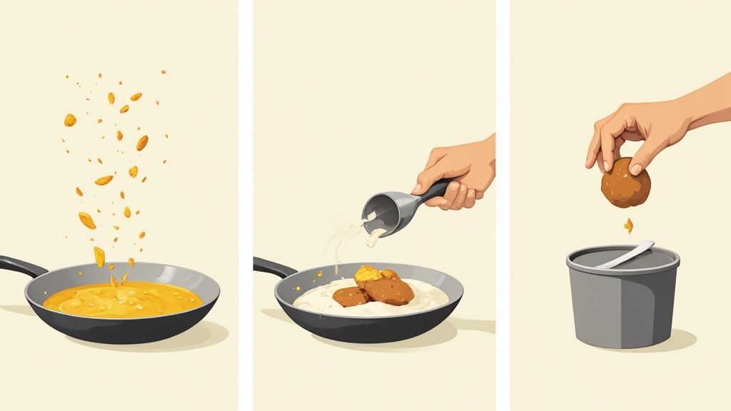 Three panels show food being fried, ingredients added, and a cooked fritter handled.