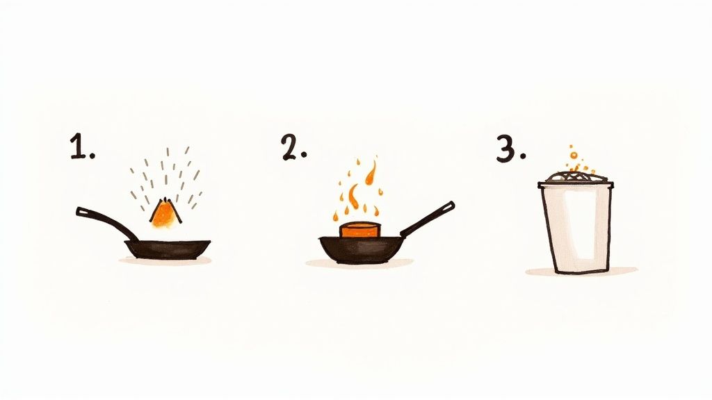 A hand sprinkling FryAway powder into a pan of used cooking oil.