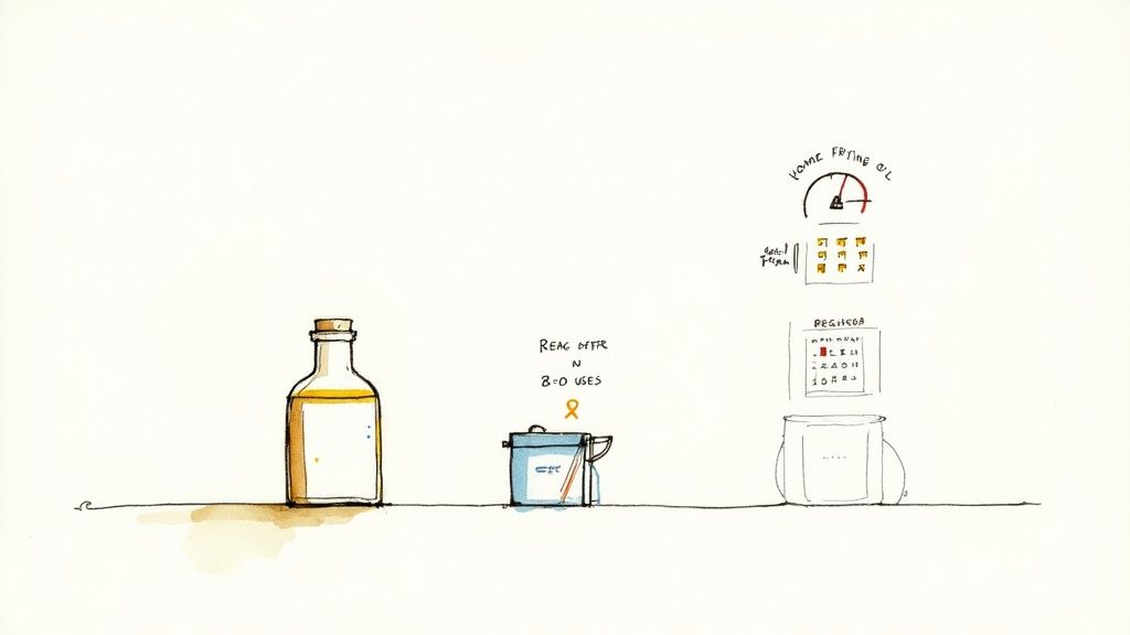 Hand-drawn illustration showing cooking oil bottle, used fryer oil container, and oil change tracking chart