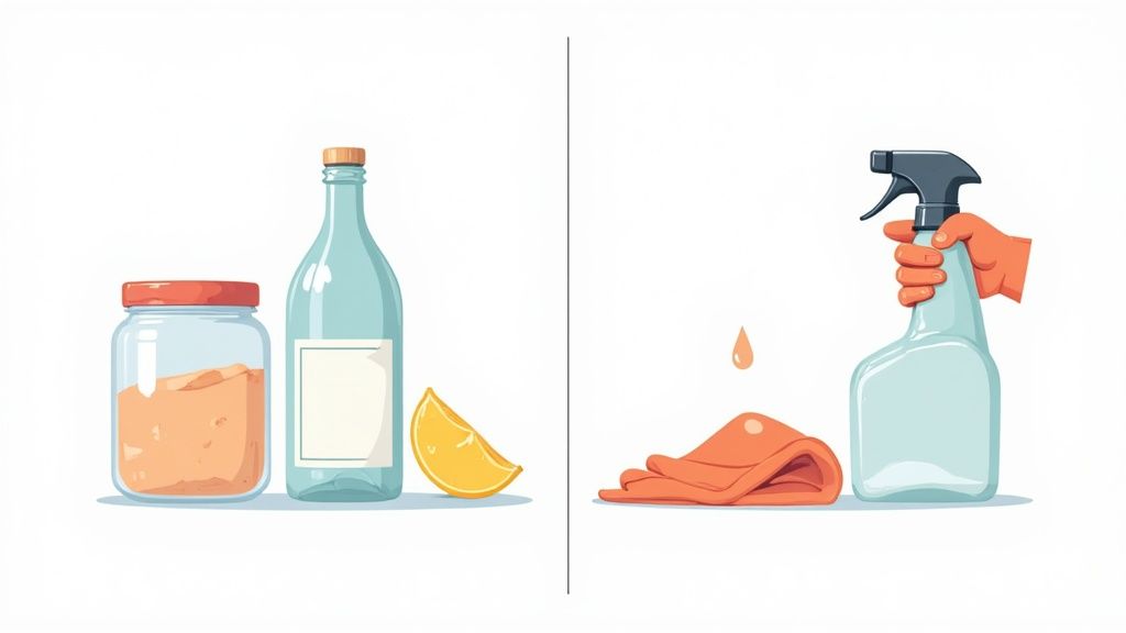 Natural cleaning supplies: baking soda, vinegar, lemon, spray bottle, and cloth for eco-friendly solutions.