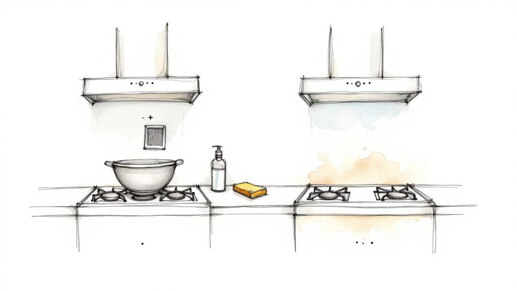 Modern kitchen with gas stove, range hood, colander, soap bottle, and sponge illustration