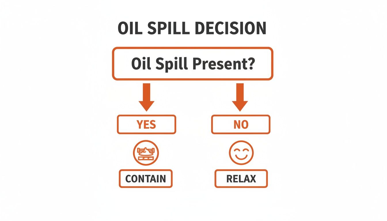 A simple flowchart for oil spill decision-making: if present, contain it; if not, relax.