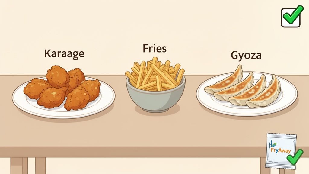 Three fried dishes: Karaage, Fries, and Gyoza, displayed on a table with a FryAway packet.
