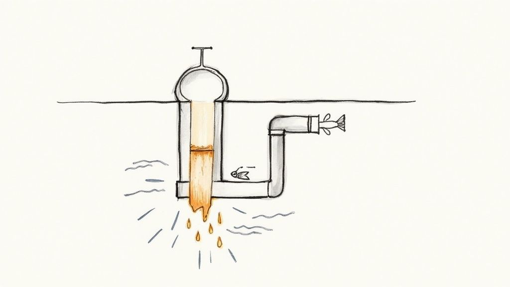 A clogged pipe filled with congealed grease and debris.