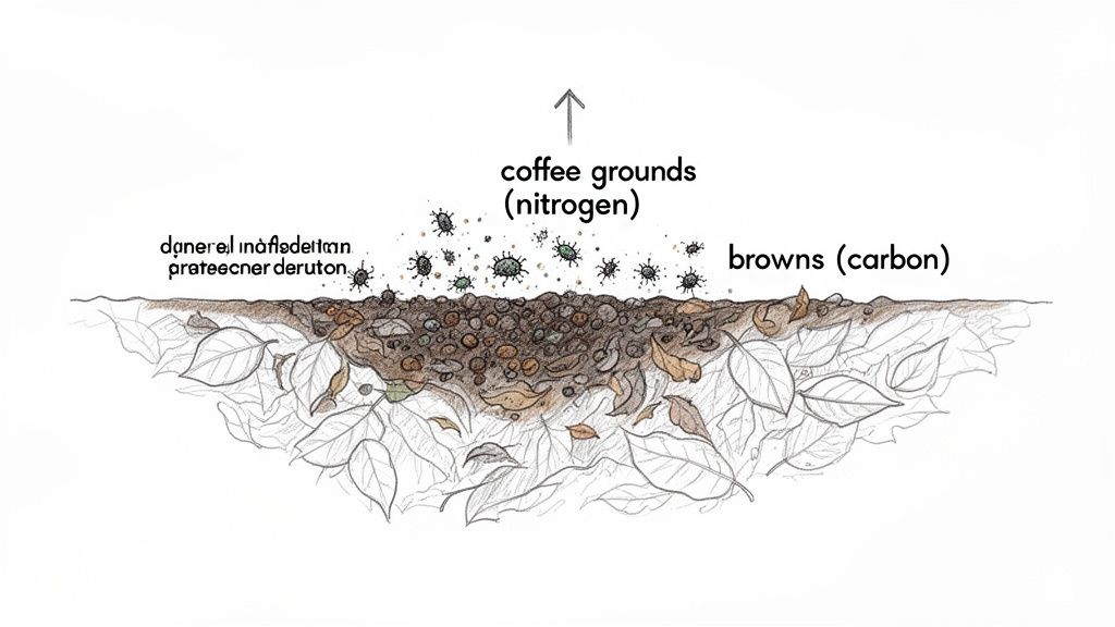 An illustration showing coffee grounds and browns as layers of a compost pile with microorganisms.