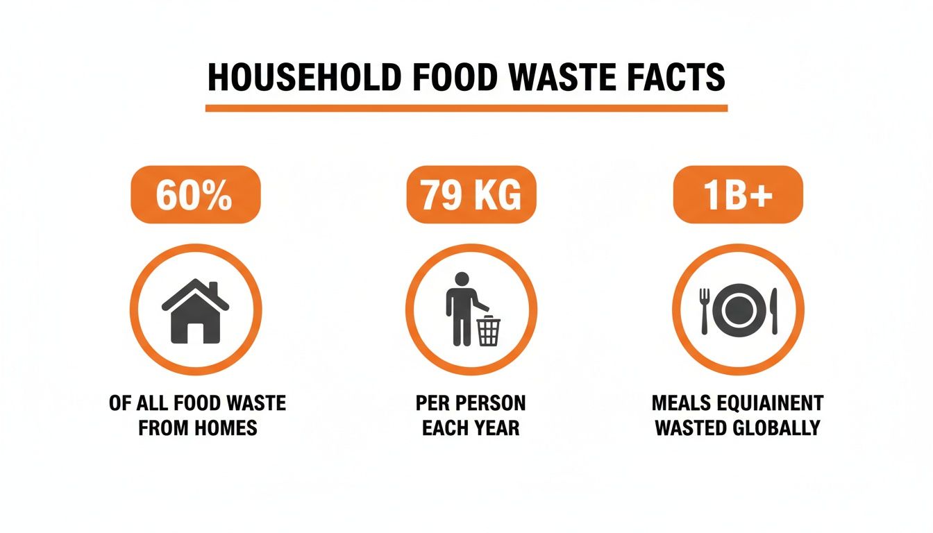 Infographic detailing household food waste facts: 60% from homes, 79kg per person yearly, 1B+ meals wasted globally.