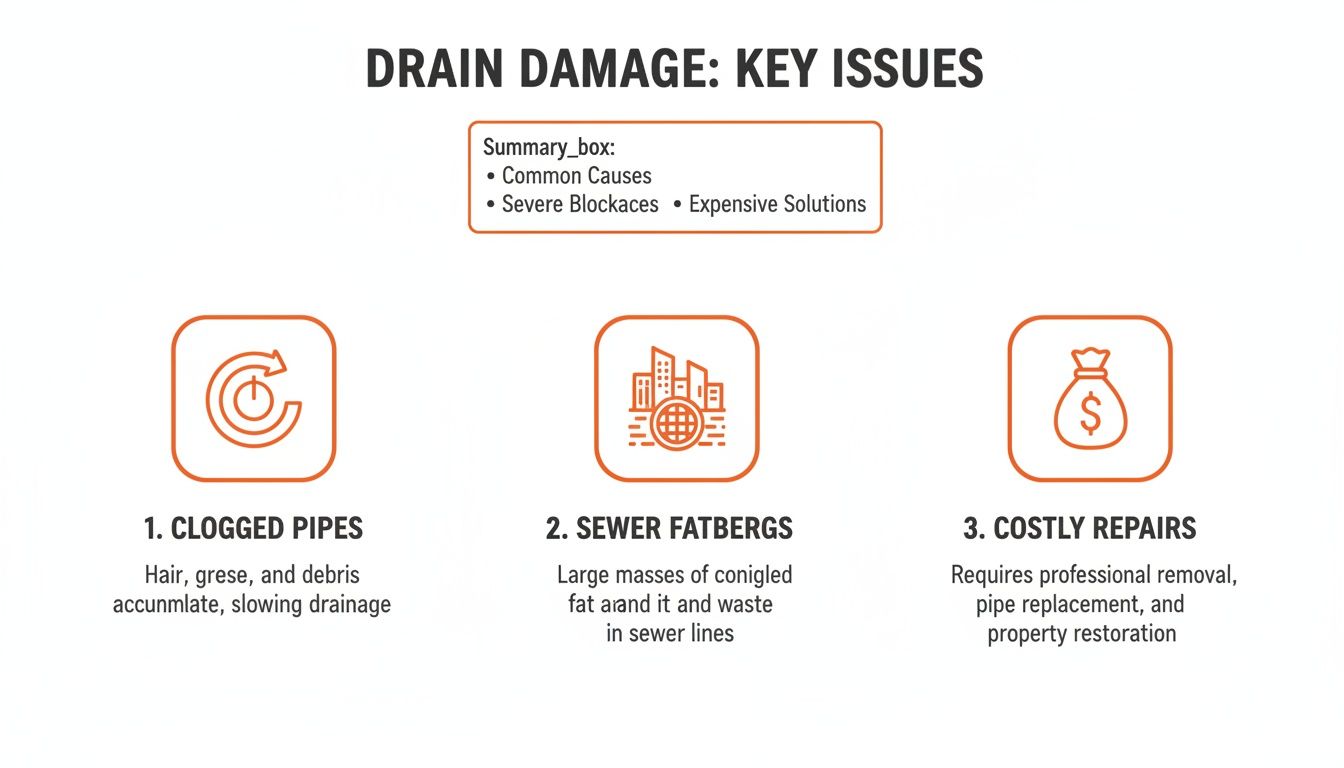 An infographic illustrating drain damage key issues, including clogged pipes, sewer fatbergs, and costly repairs, with a summary.