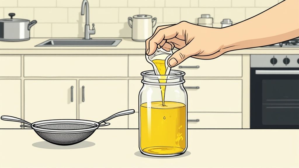 A hand pours golden cooking oil from a small pouch into a clear jar in a kitchen, with a strainer nearby.