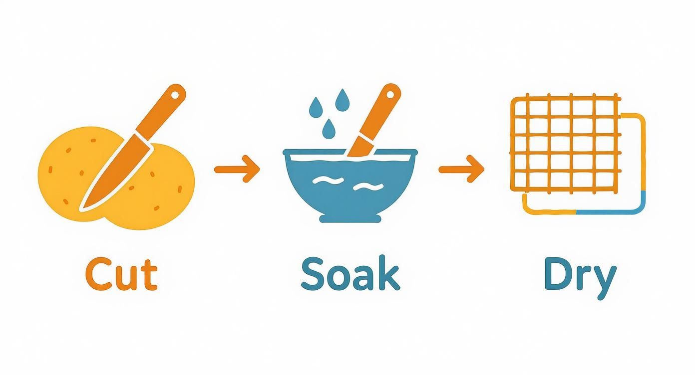 Three step process showing cut potatoes, soaking in water bowl, and drying on rack for crispy fries