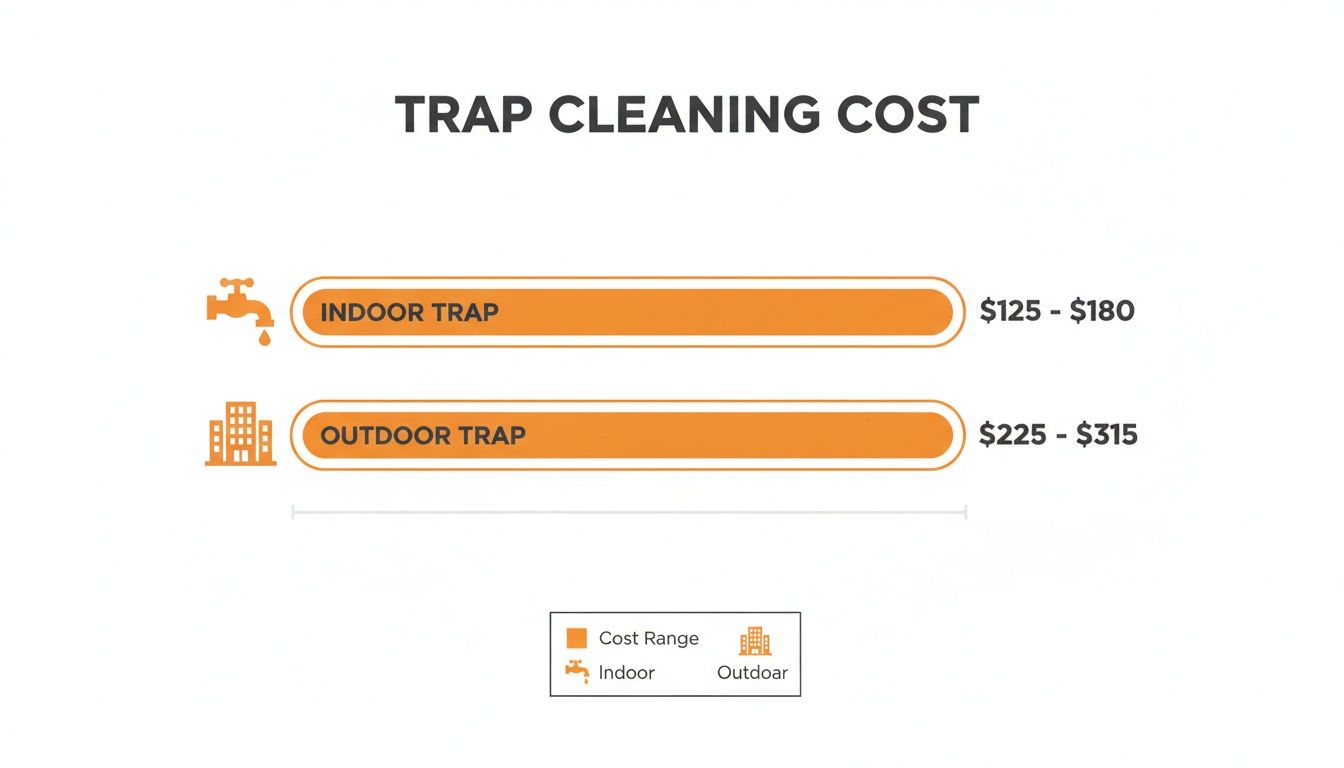 A chart showing trap cleaning costs: indoor traps are $125-$180, and outdoor traps are $225-$315.