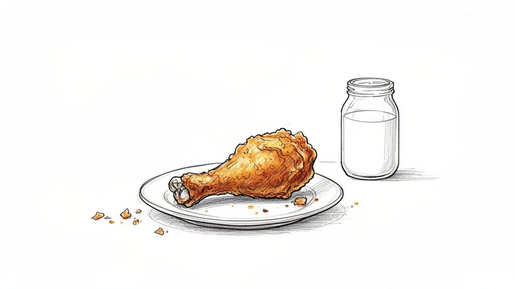 A hand-drawn illustration of a golden-brown fried chicken drumstick on a plate next to a glass jar of milk.